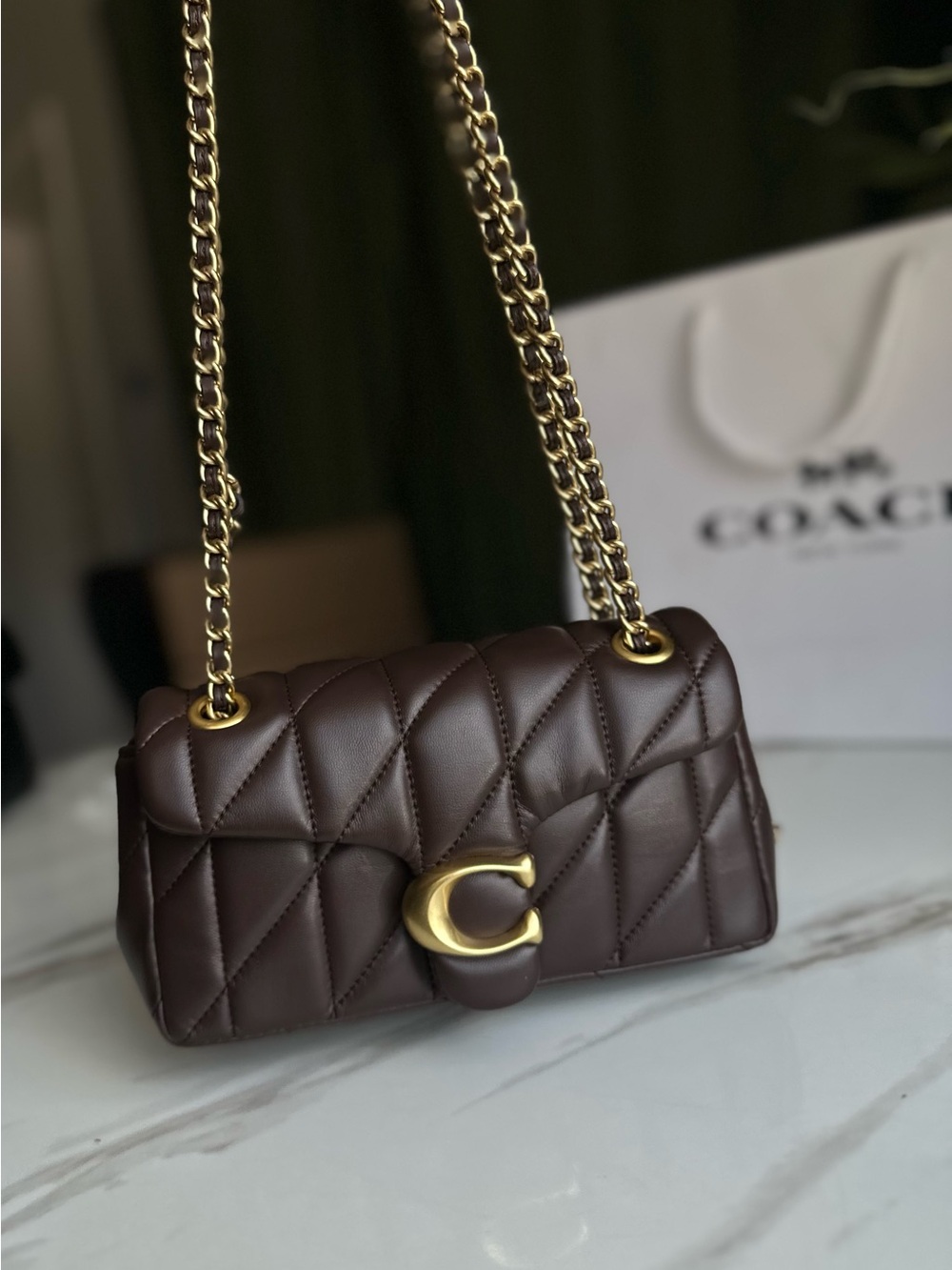Coach Quilted Shoulder Bag in Dark Brown with Gold Hardware